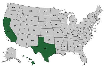 Map of the United States with California, Texas, and Hawaii highlighted in green.