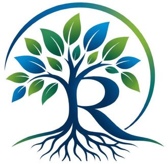Stylized blue and green tree forming the letter R with roots and circular border