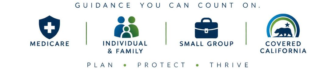 Healthcare icons and labels for Medicare, Individual & Family, Small Group, and Covered California.