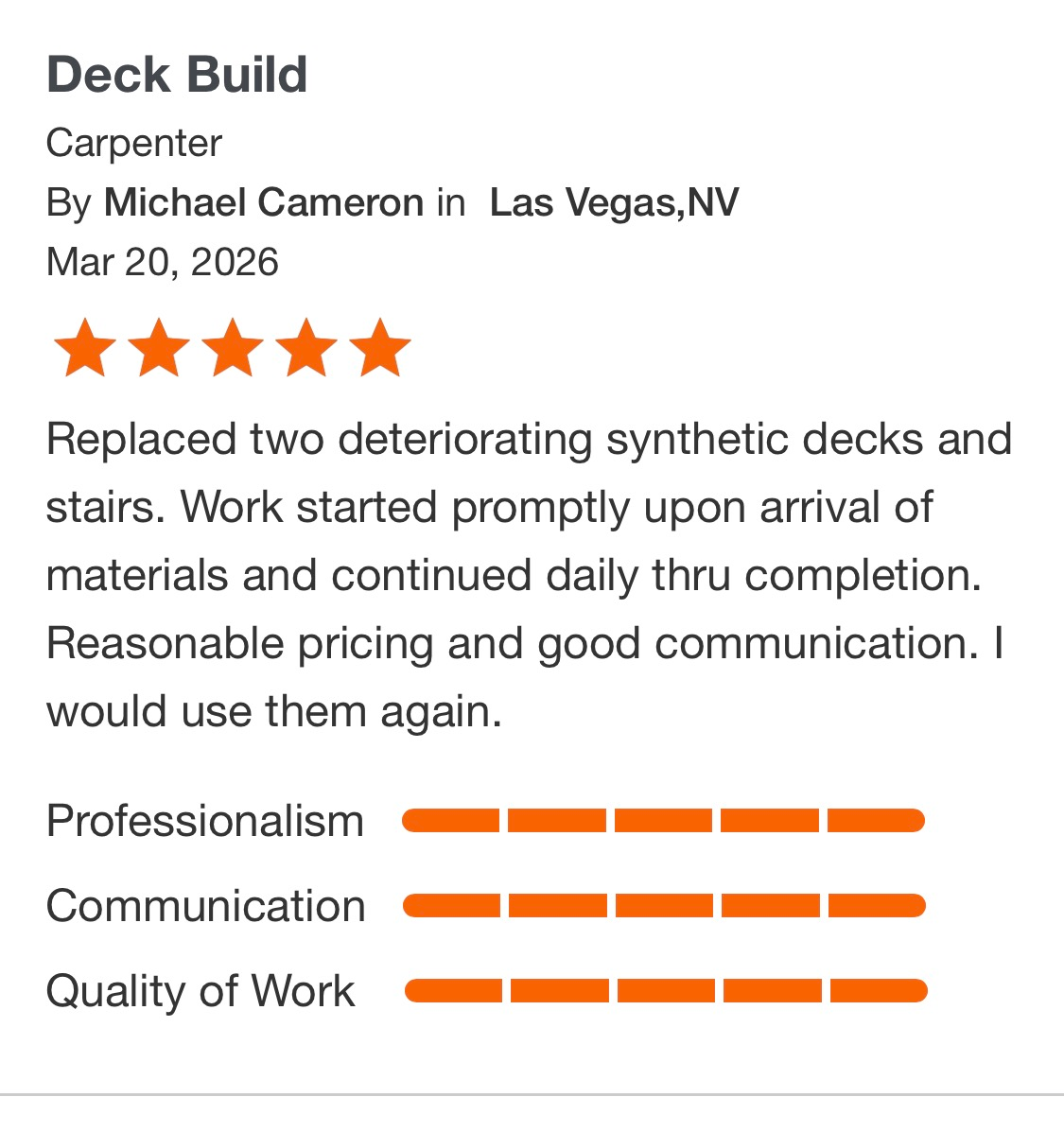 Customer review for “Deck Build” in Carpenter, with five orange stars 