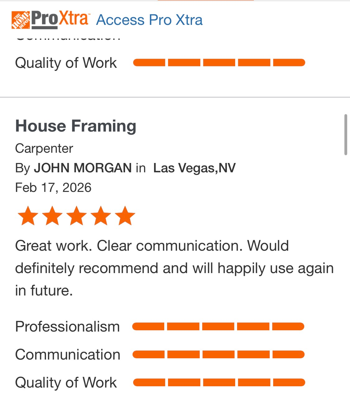 ProXtra review page showing House Framing rating, 5 stars, and “Great work” feedback with orange quality bars