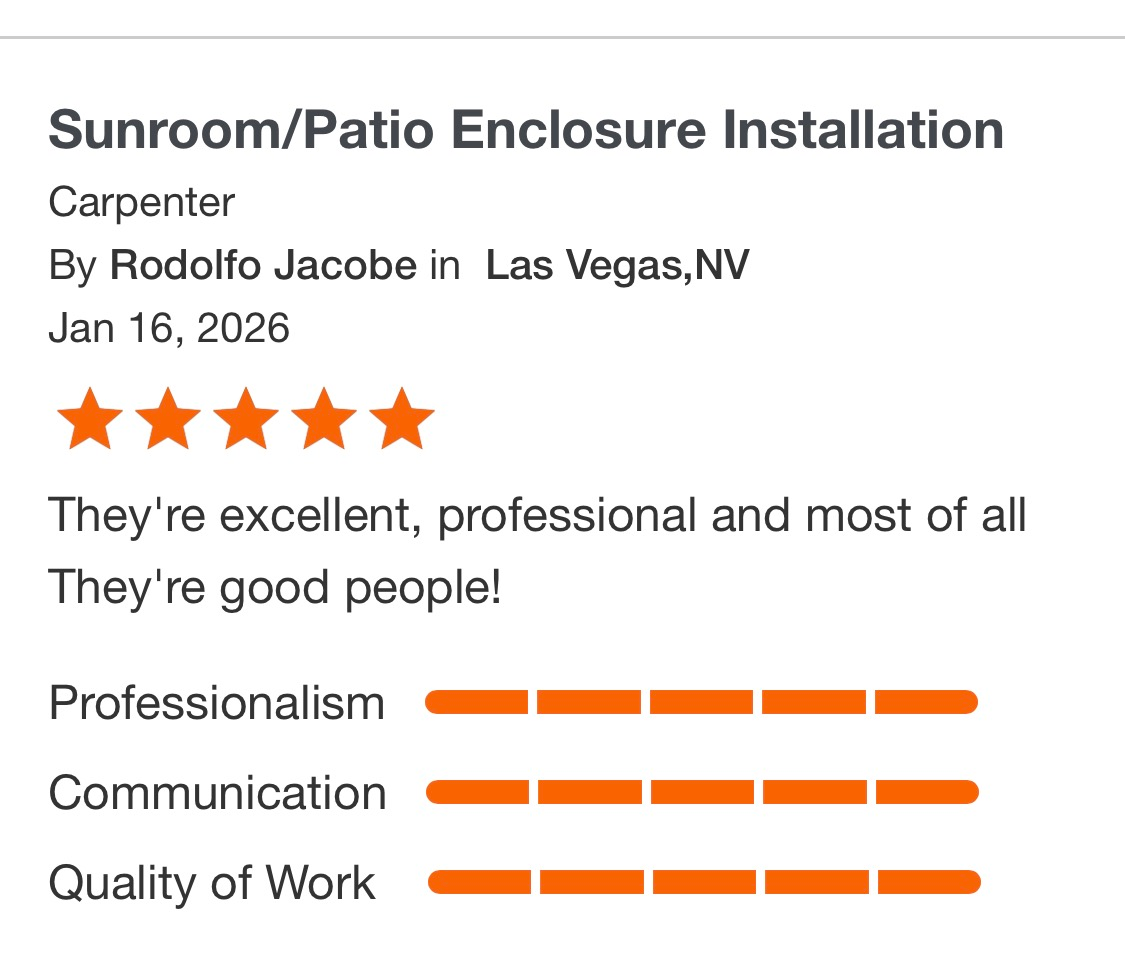Customer review card for a sunroom/patio enclosure installation, with five stars and orange rating bars.