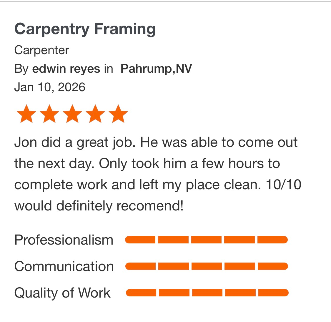 Carpentry Framing review with 5 orange stars and praise for professionalism, communication, and quality of work