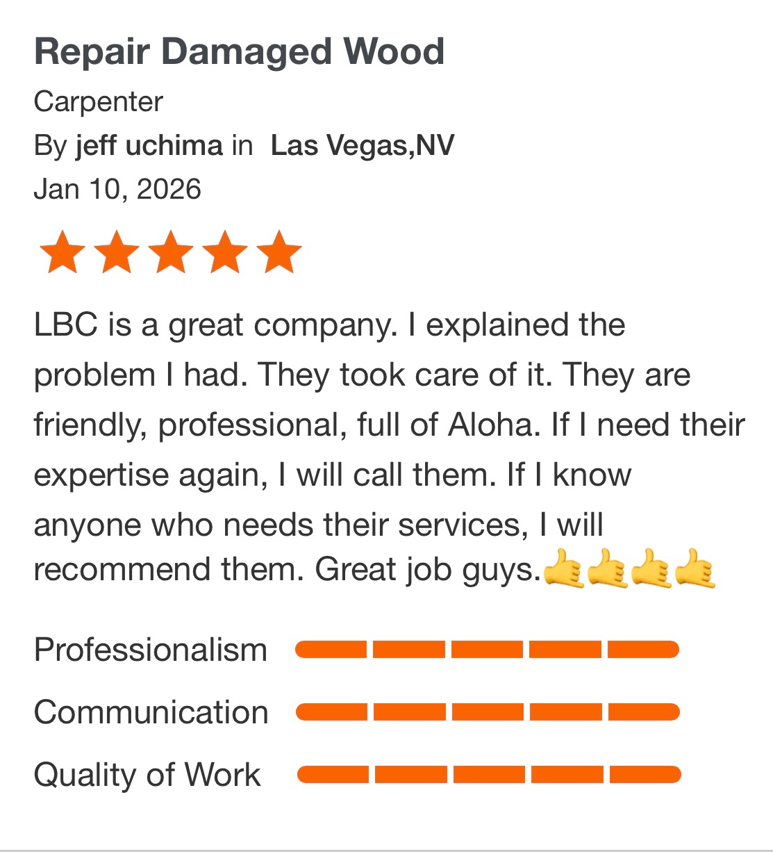Review card for “Repair Damaged Wood” with 5 orange stars 
