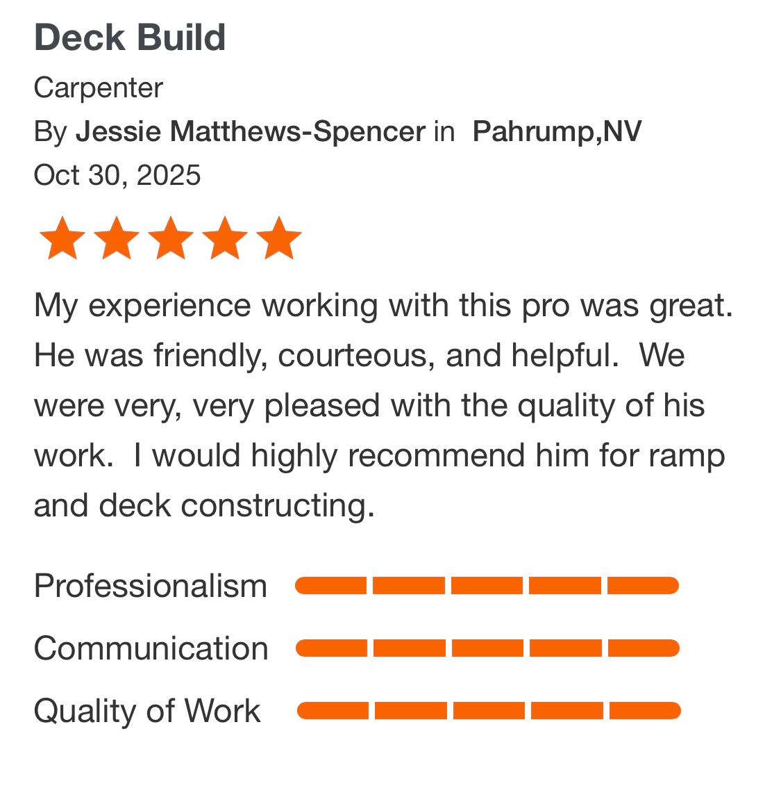 5-star review card for “Deck Build” by Jessie Matthews-Spencer in Pahrump, NV