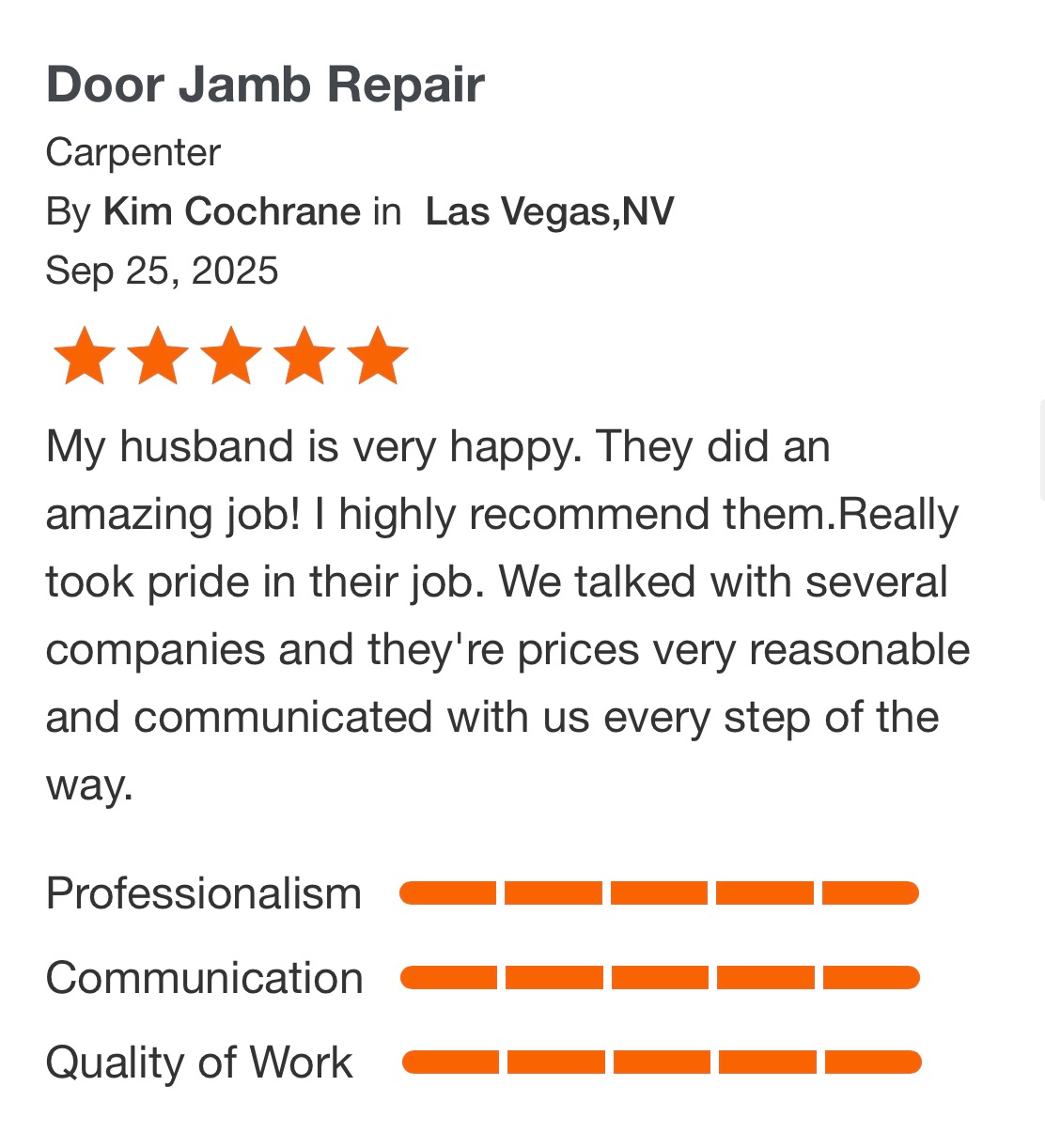 5-star review for Door Jamb Repair by carpenter in Las Vegas, praising professionalism, communication, and quality.