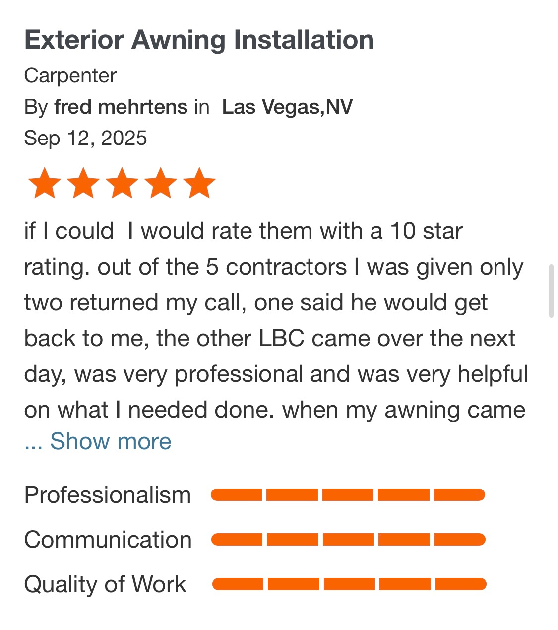 Five-star customer review for exterior awning installation in Las Vegas, with orange ratings and service categories listed
