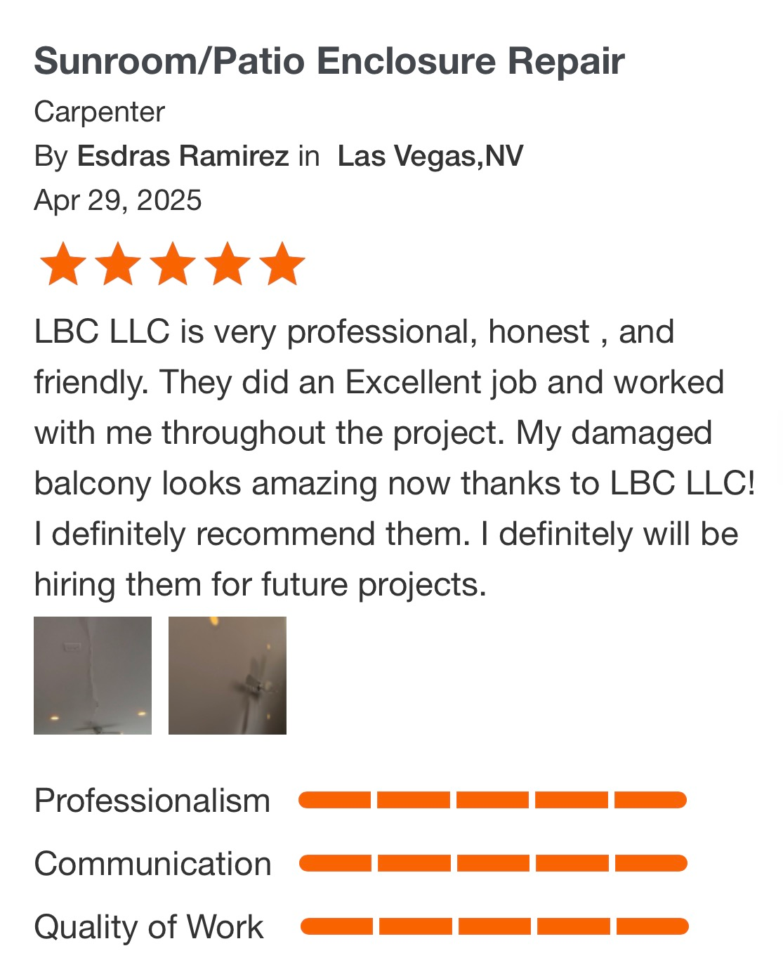 5-star review for Sunroom/Patio Enclosure Repair by LBC LLC, praising professionalism and communication