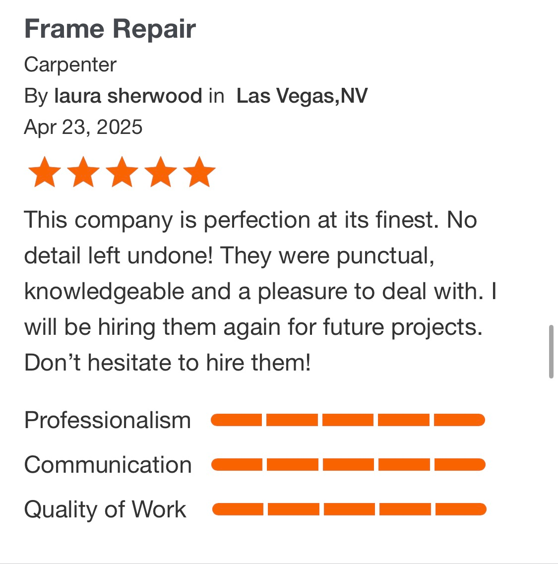Carpenter review for Frame Repair in Las Vegas, NV, with 5 stars and praise for professionalism and communication