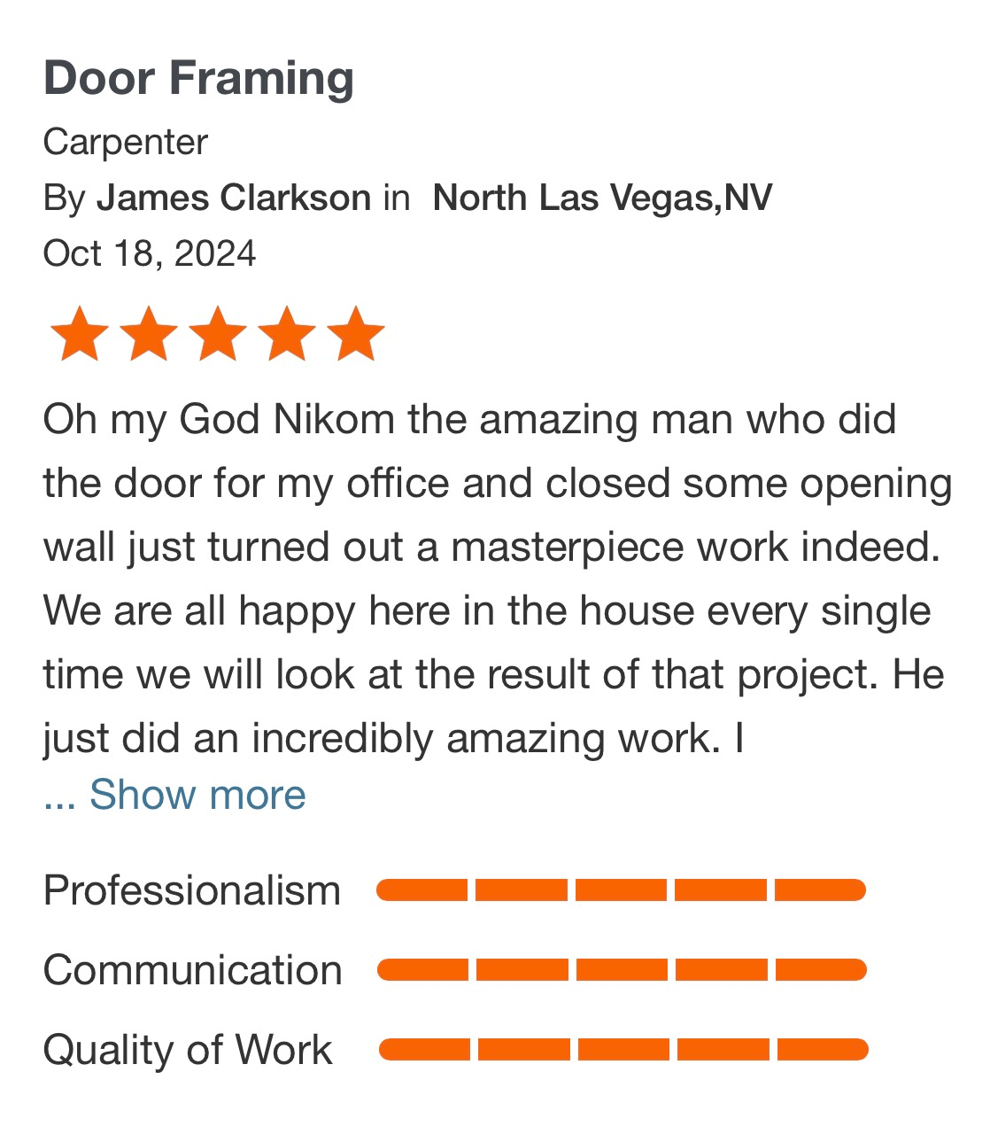 Door Framing contractor review with five orange stars and ratings for professionalism, communication, and quality of work