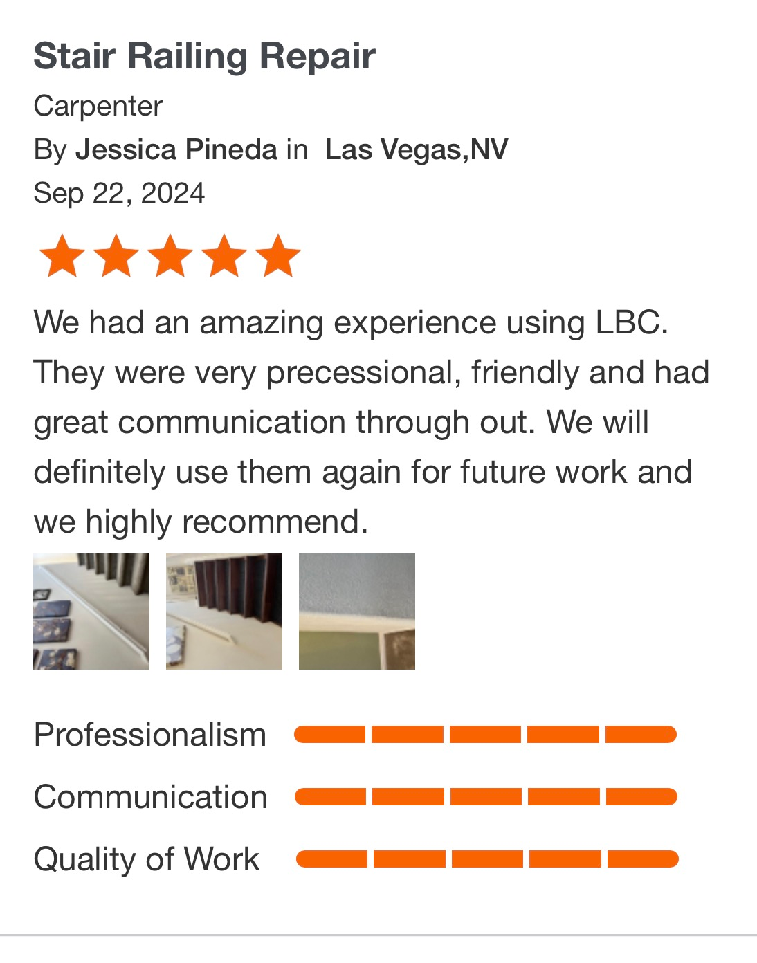 Stair railing repair review with 5 stars, service text, and ratings for professionalism, communication, and quality work