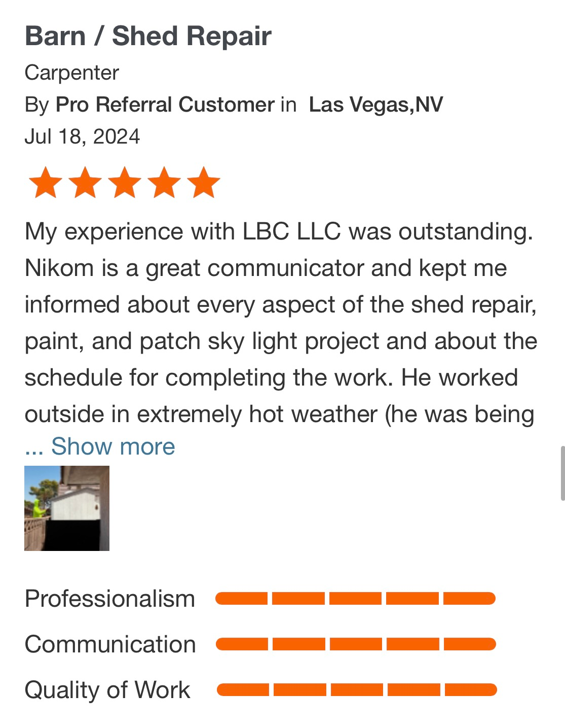 Review snippet for Barn/Shed Repair: five stars, customer praise, and orange ratings bars.