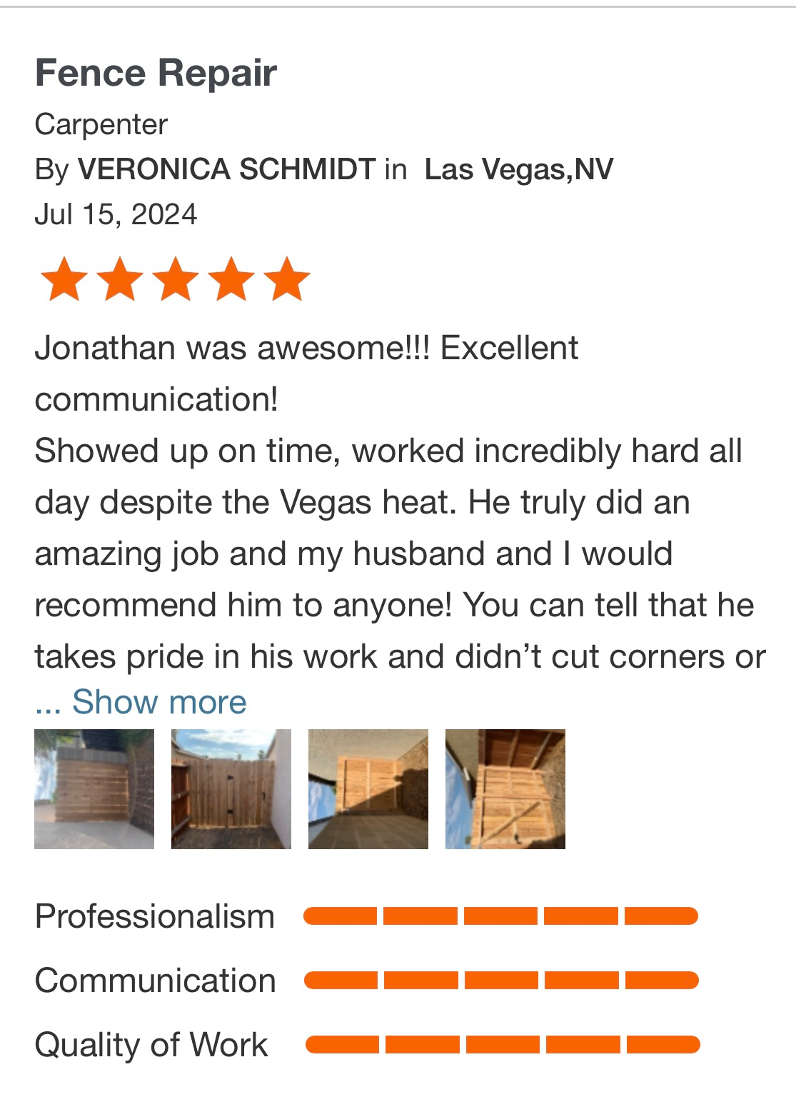 Fence Repair review with five orange stars, testimonial text, and three repair photos below
