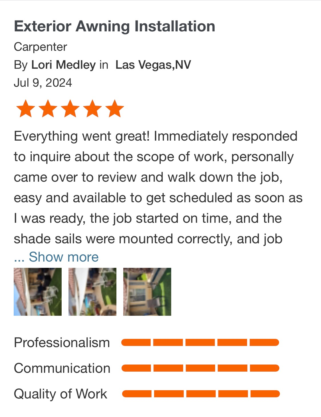 Customer review for exterior awning installation with 5-star rating and orange service bars, plus small project photos
