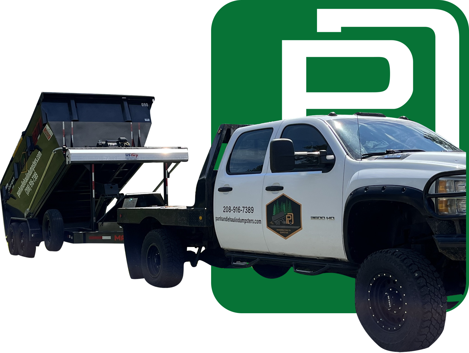 Panhandle Haul'in Dumpsters truck delivering in North Idaho