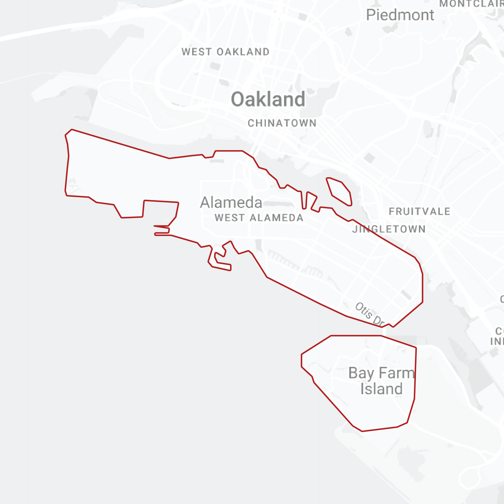 A map of oakland showing the location of alameda and bay farm island