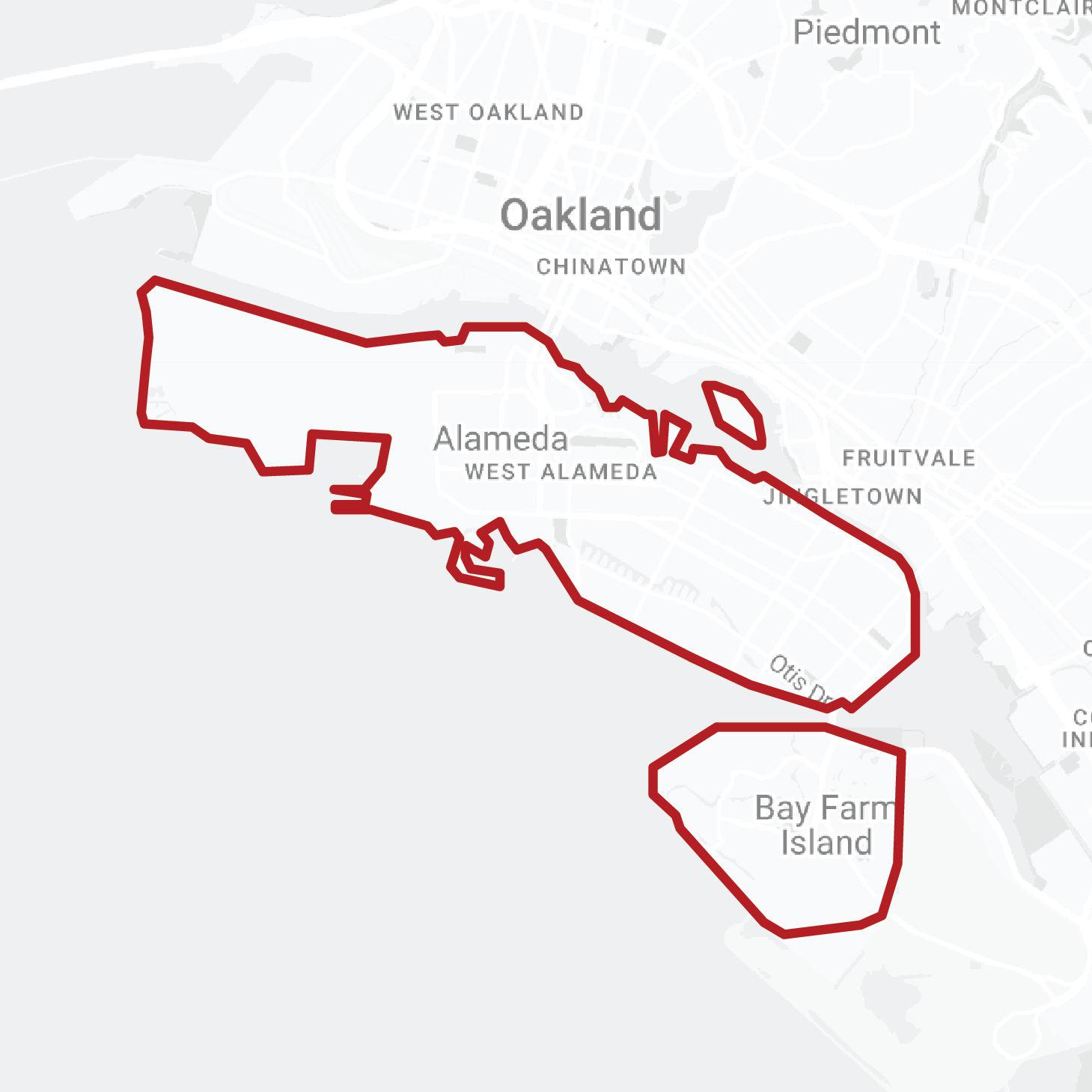 A map of oakland , chinatown , alameda and bay farm island
