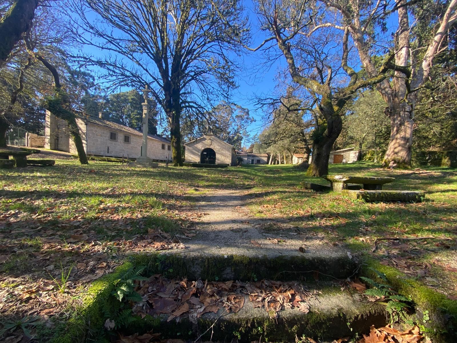 Escaleras de piedra que conducen a un parque soleado con árboles, césped y edificios antiguos bajo un cielo azul.