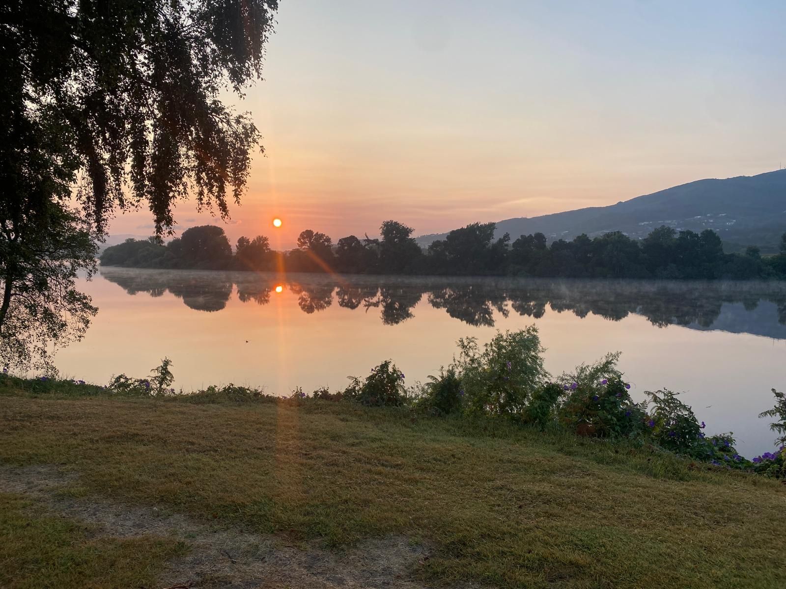 Amanecer sobre un lago tranquilo con árboles recortados contra el horizonte y una montaña en la distancia.