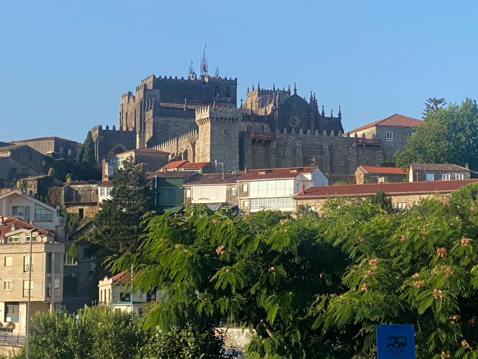 Horizonte urbano con una gran catedral en una colina sobre casas agrupadas y árboles bajo un cielo azul.