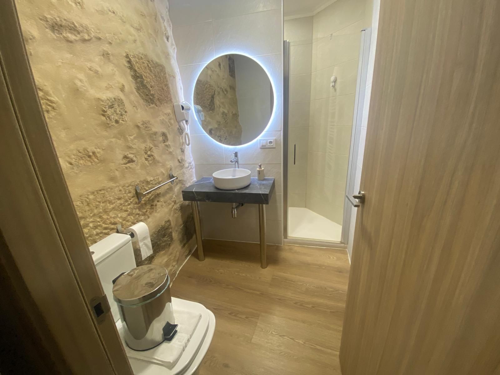 Baño compacto con pared de piedra, inodoro, lavabo, espejo redondo iluminado y ducha al fondo.