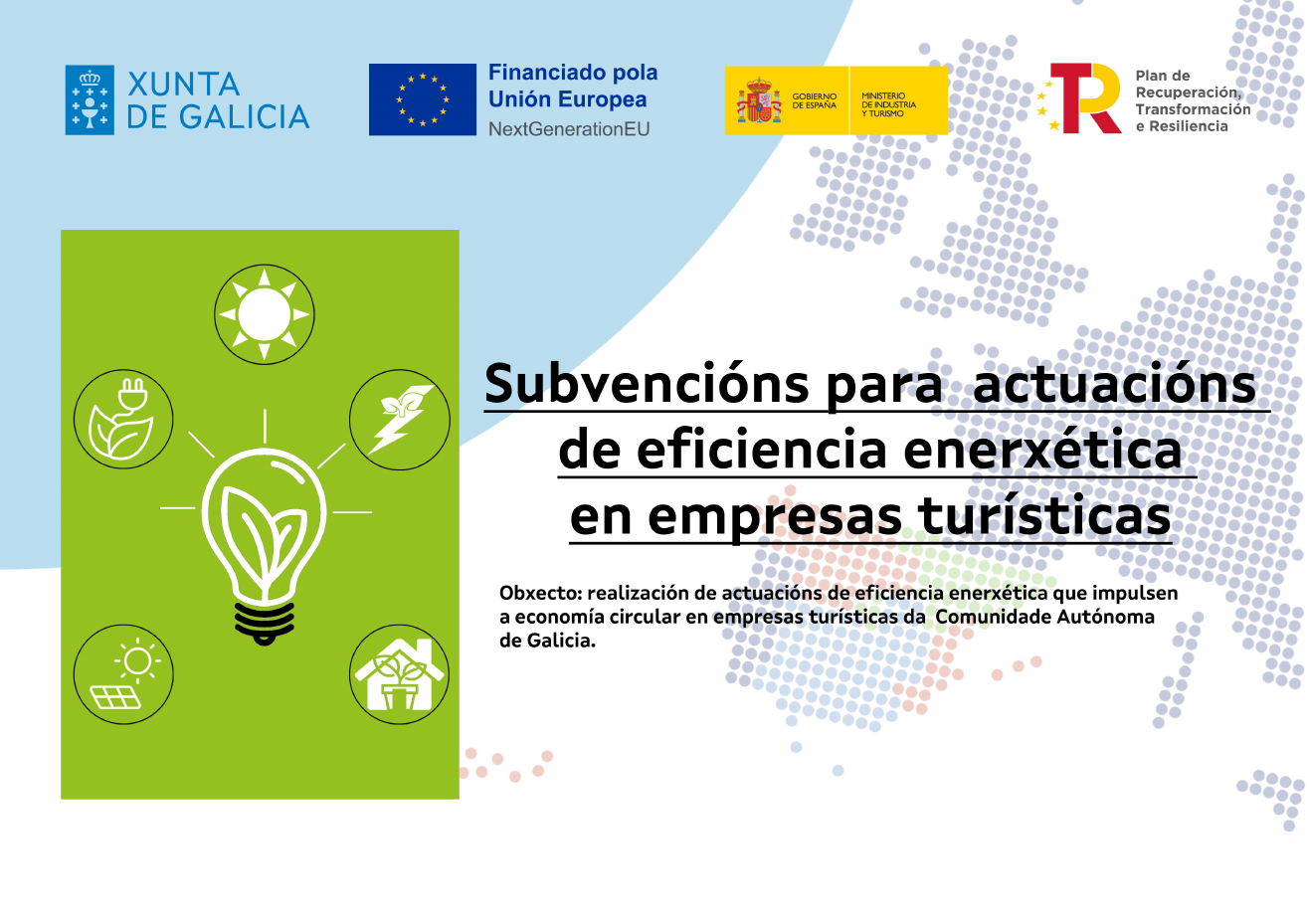 Subvenciones para acciones de eficiencia energética en empresas turísticas, con fondo azul e iconos verdes.