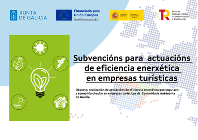 Subvenciones para acciones de eficiencia energética en empresas turísticas, con fondo azul e iconos verdes.