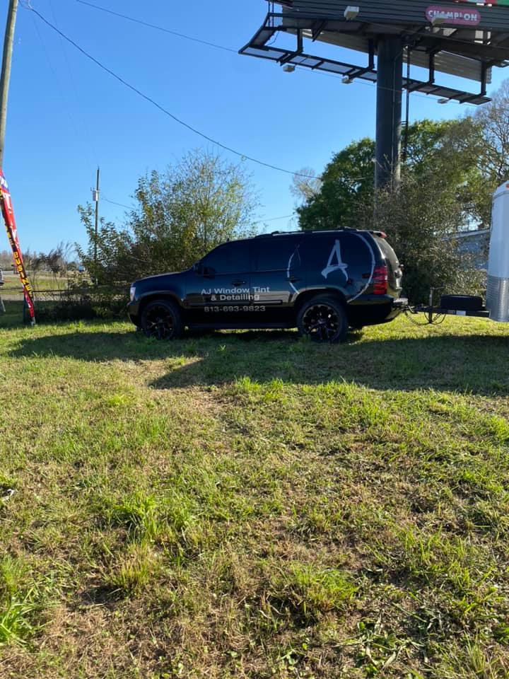 Black SUV parked on grassy roadside beneath a billboard on a sunny day