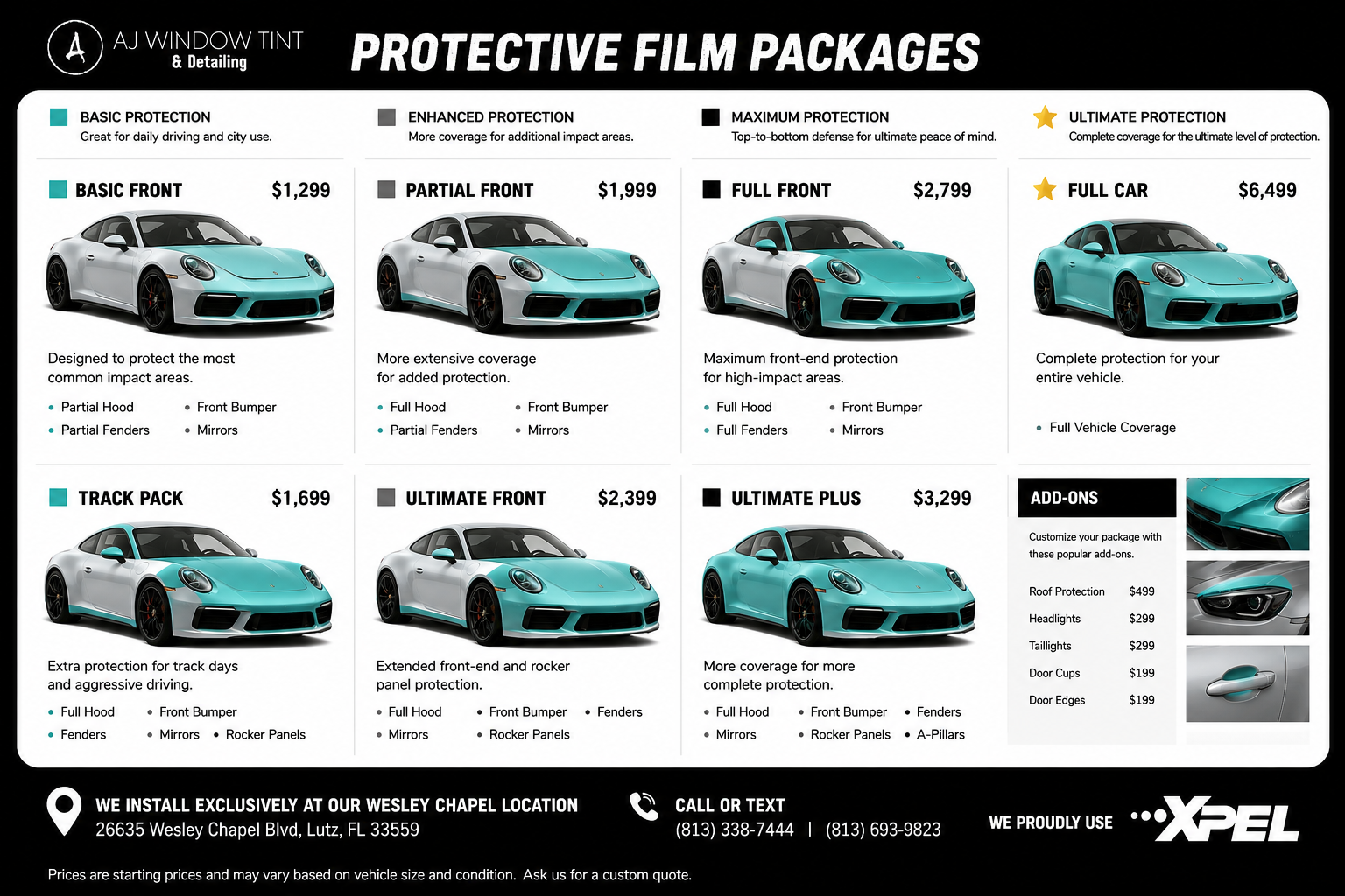 Protective film package price list with teal sports car images and XPEL branding