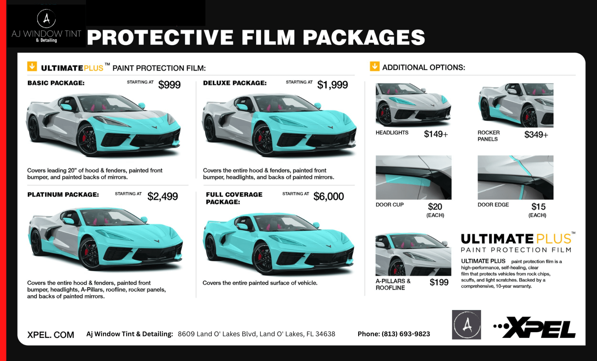 Car wrap film package chart showing teal sports car coverage options and pricing with XPEL branding