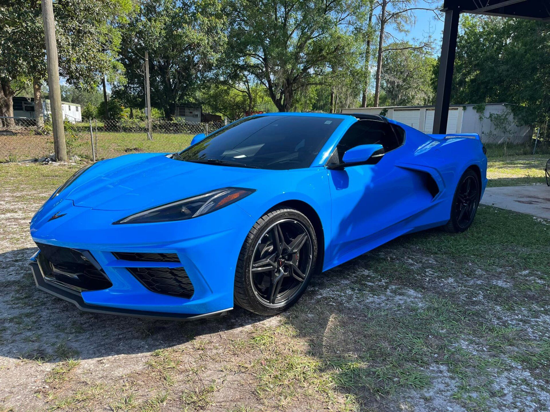Bright blue sports car parked on grass in a sunny outdoor area