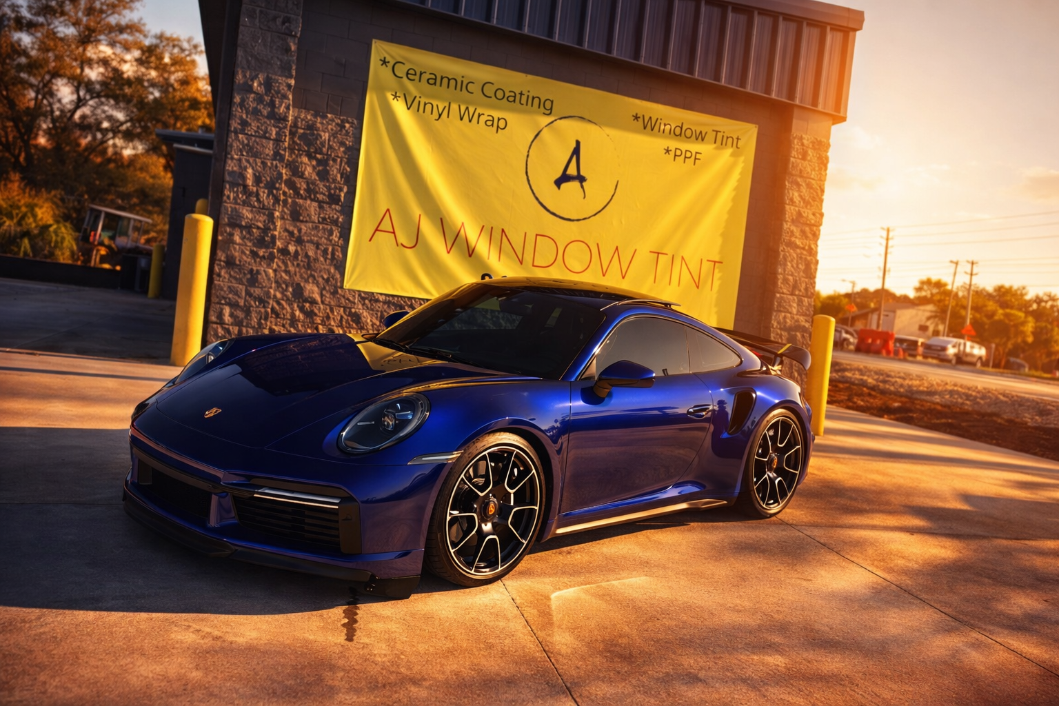Blue sports car parked outdoors beside a yellow “AUTOCAN” banner at sunset