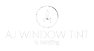 A white logo reading “AJ WINDOW TINT & Detailing” with a circular emblem above it.