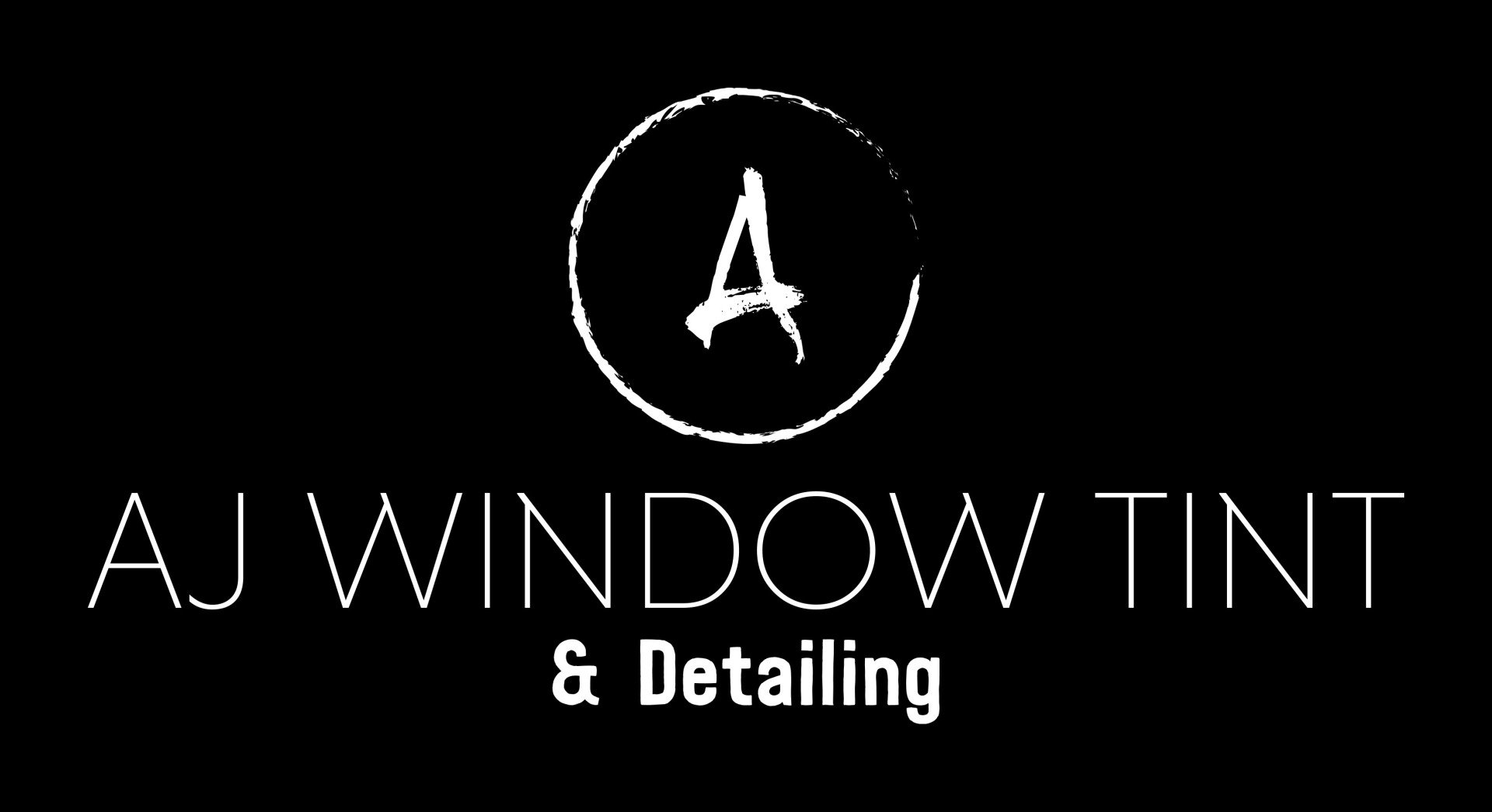 Black logo for AJ Window Tint & Detailing with a stylized white “A” in a circle.