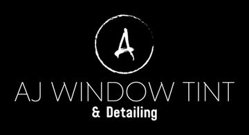 Black logo for AJ Window Tint & Detailing with a stylized white “A” in a circle.
