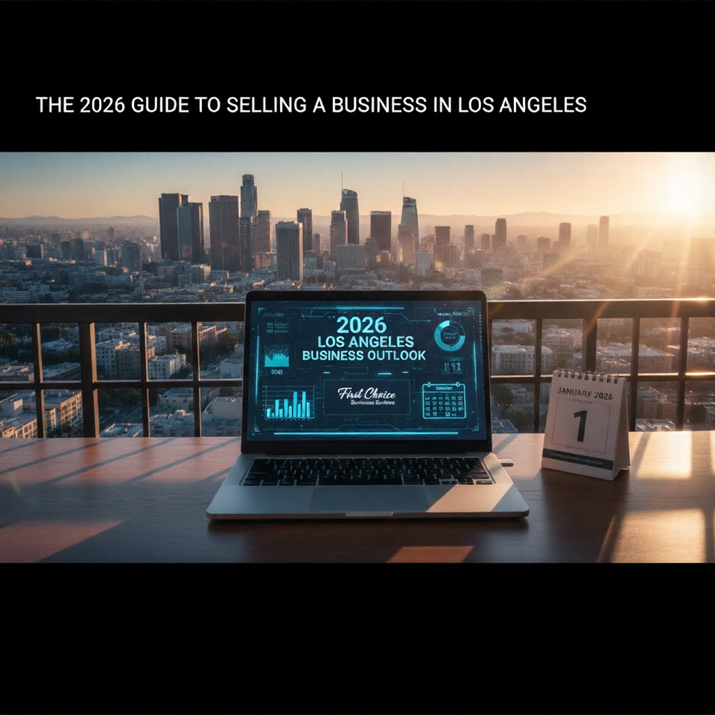 Laptop displaying business data with Los Angeles skyline in background. A guide for selling a business is the topic.