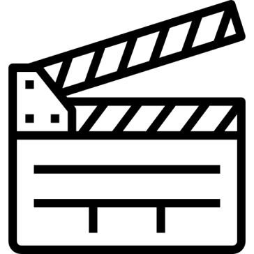 A black and white icon of a movie clapper board.
