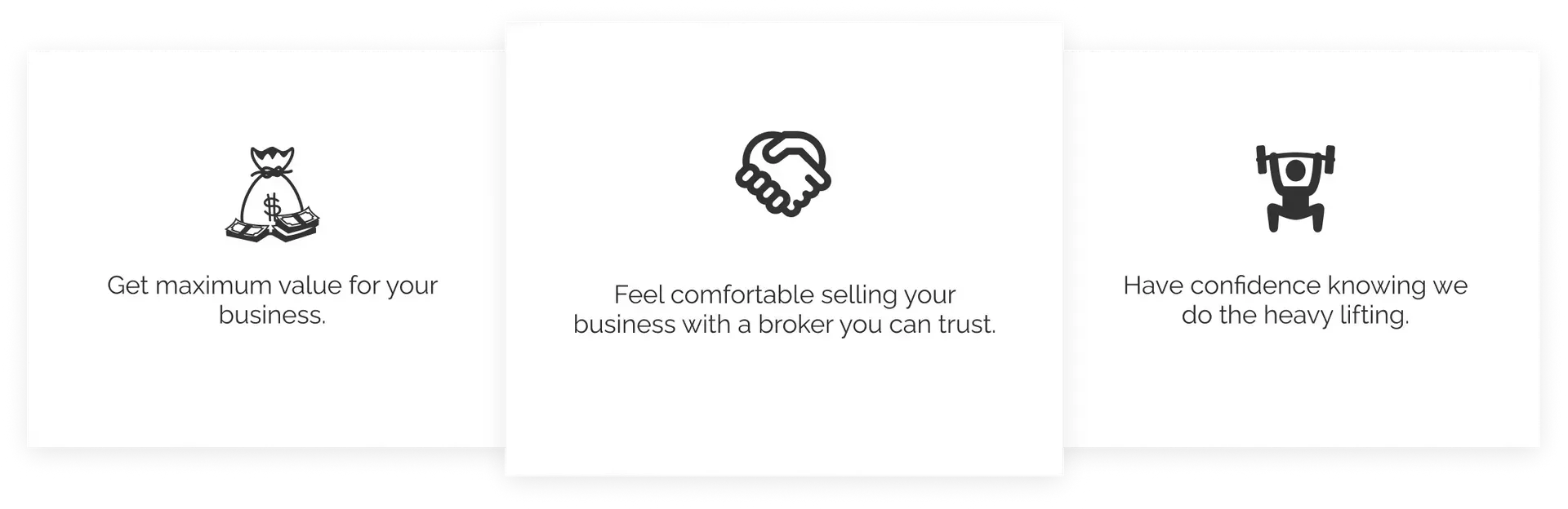 Three icons on a white background , one of which is a handshake.