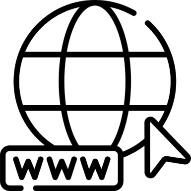 A black and white icon of a globe with an arrow pointing to it.