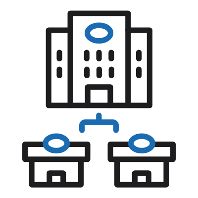 An icon of a building with three boxes attached to it.