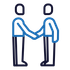 A line drawing of two people shaking hands.