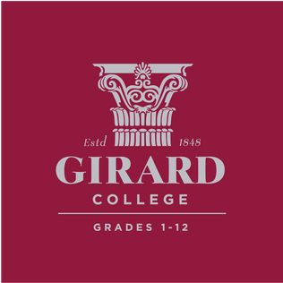 Girard College logo: maroon background with a gray ionic column, text