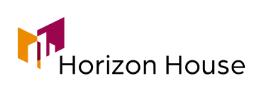 Logo for Horizon House: geometric shape with orange and purple sections next to the text