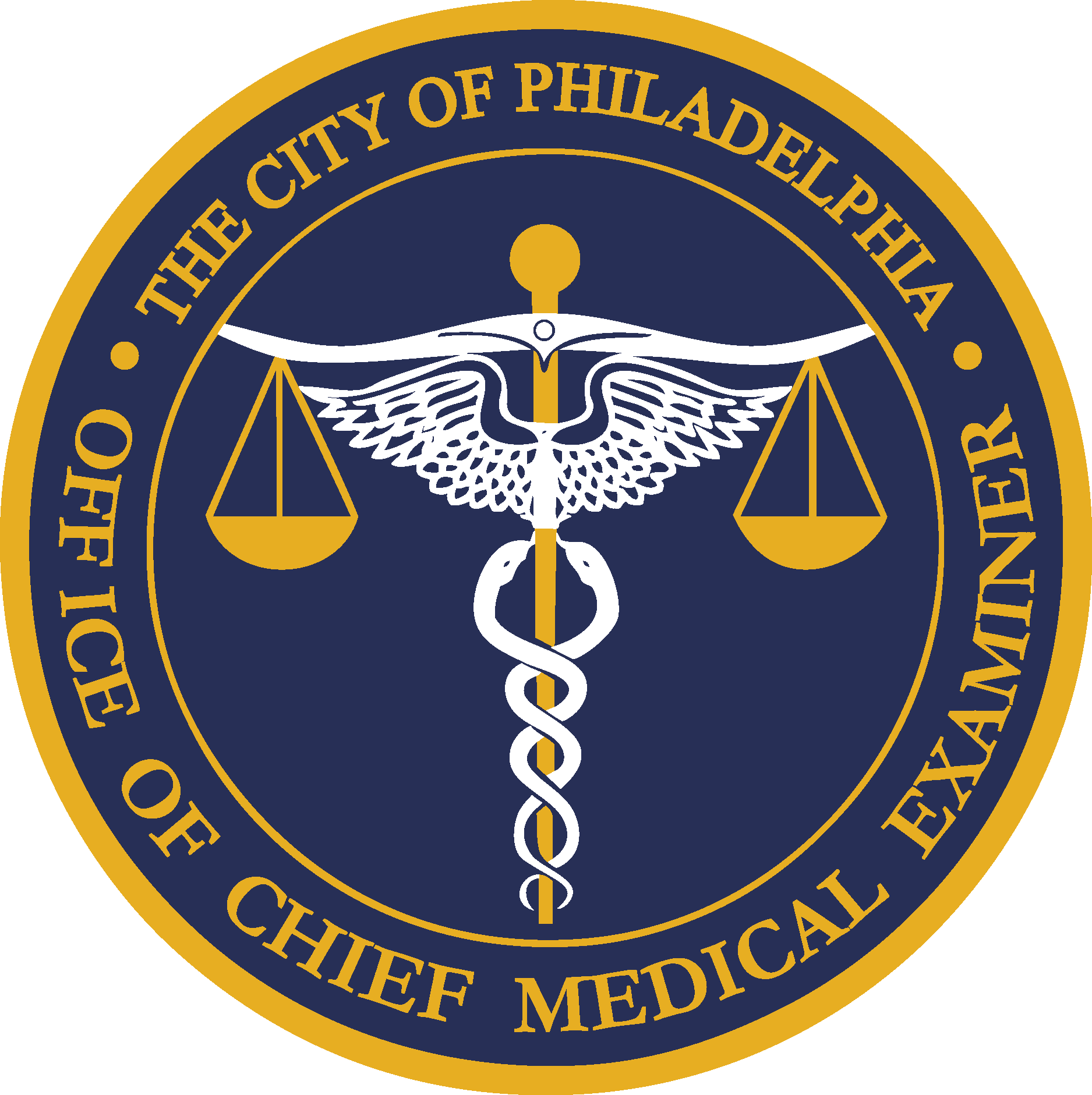 Philadelphia Office of Chief Medical Examiner seal: navy, gold, white; scales, caduceus, text.