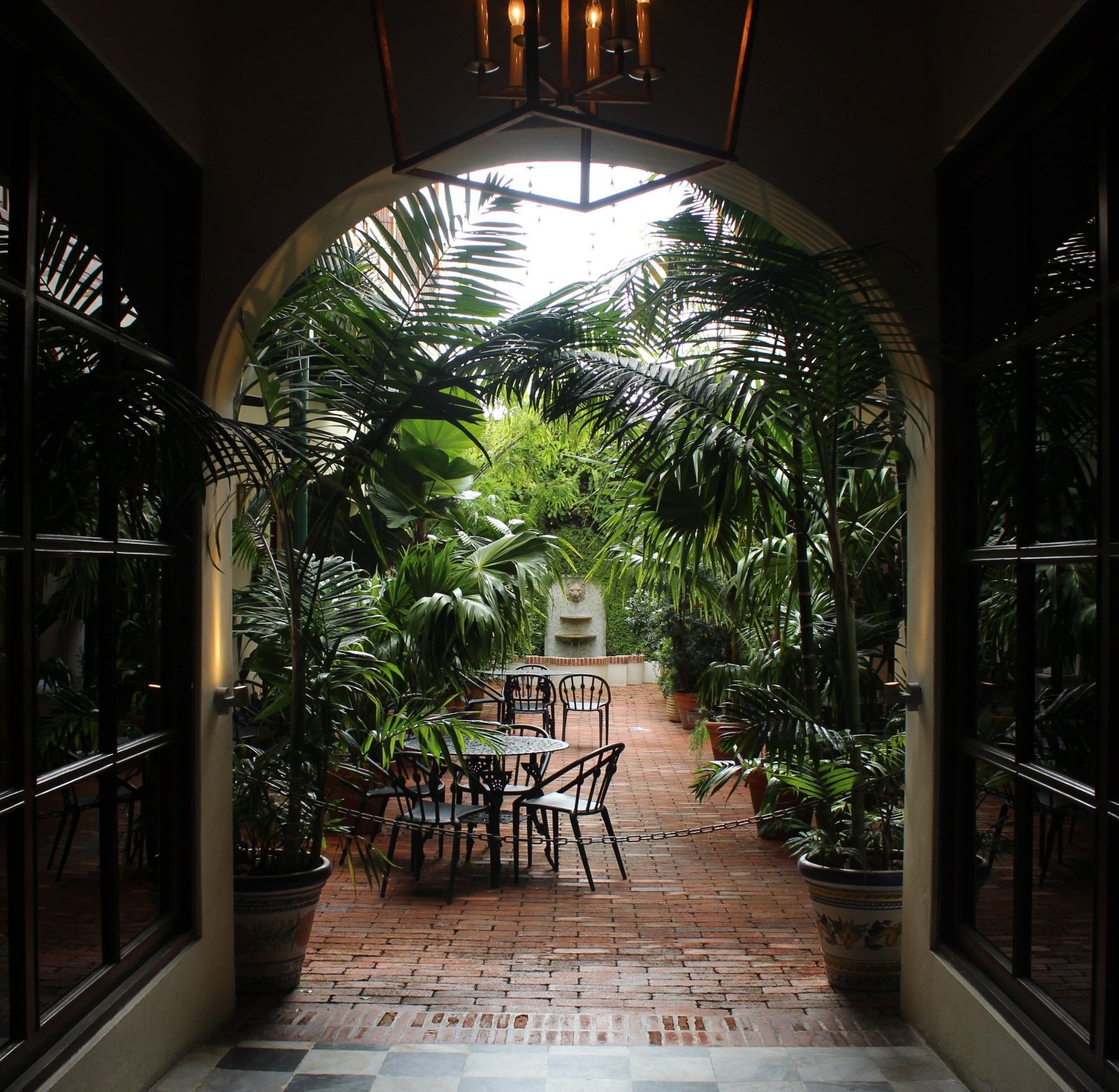 Brick patio café tables beneath lush tropical palms, seen through a dark arched doorway.