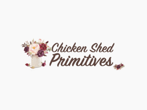 Logo reading “Chicken Shed Primitives” with a floral chicken illustration in brown and pink on a white background