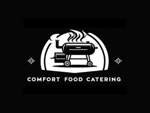 Comfort Food Catering logo with a black grill and steam on a white circular background