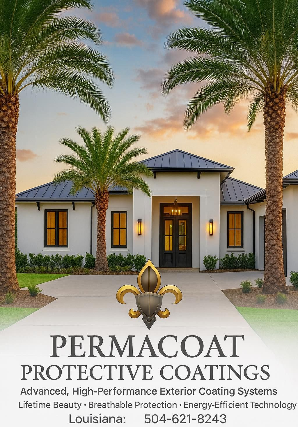 A white house with black trim and palm trees, featuring the Permacoat logo, marketing text, and contact information.