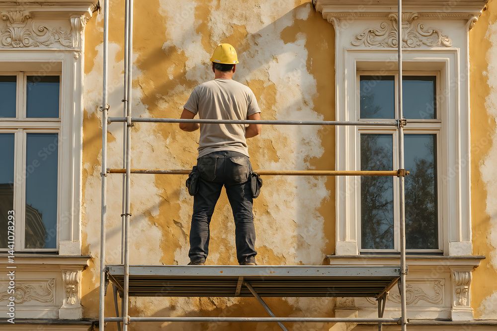 A person wearing a yellow hard hat stands on scaffolding, working on a damaged, yellow plaster wall between two windows.