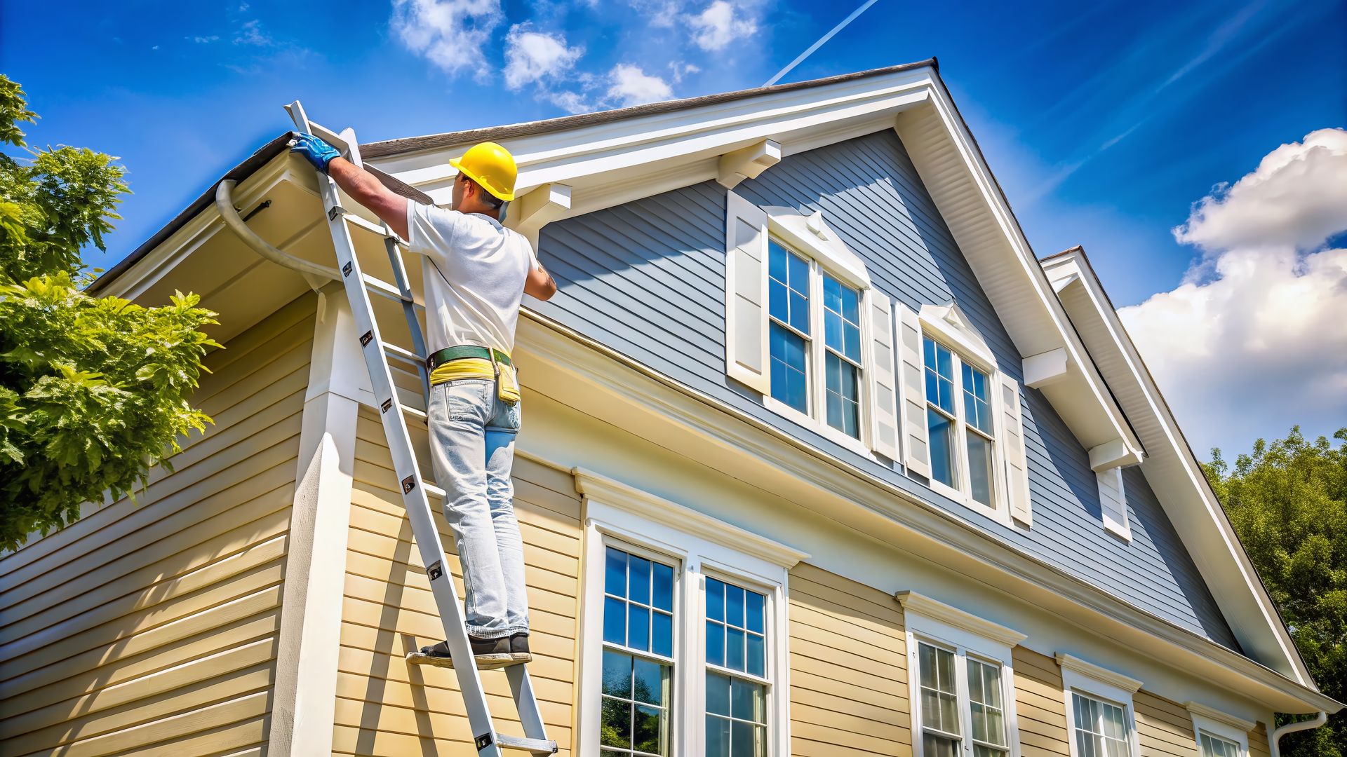 A worker in a yellow hard hat and tool belt stands on a ladder, working on the gutters of a two-story blue and beige house.